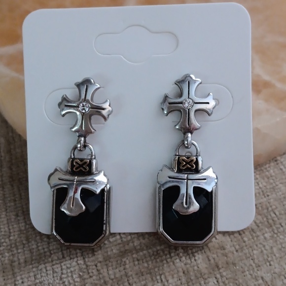 Silver Tone Cross Black Onyx Dangle Earrings - Picture 6 of 6